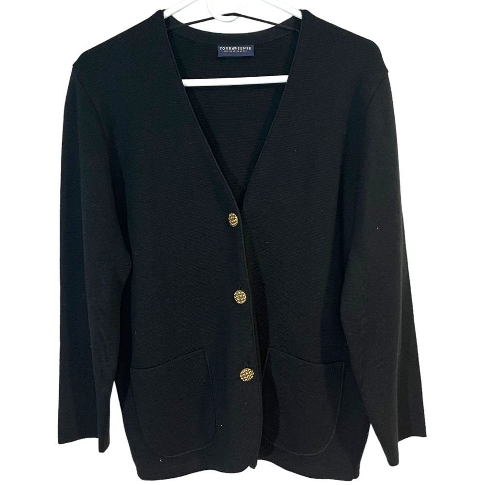 Your 6th Sense Vintage Womens Lg Black Virgin Wool Button Front Cardigan Sweater